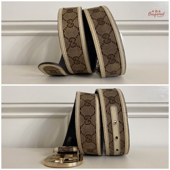 Authentic Gucci Cream Monogram Canvas Leather Interlocking G Buckle Belt 80/32 - Picture 8 of 13